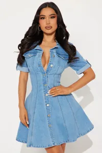 Women's Light Blue Denim Dress Short Sleeve Lapel Single Breasted Slim Fit Casual Mini Dress