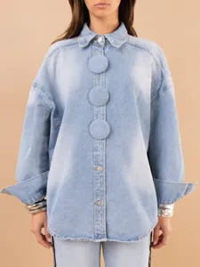 Women's Oversized Casual Denim Jacket Long Sleeve Washed Jean Coat Streetwear Fashion Outerwear With Large Buttons For Spring Fall