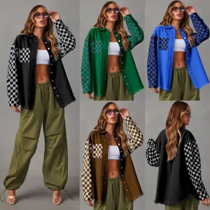 Dames Oversized Spijkerjas Plaid Contrast Patchwork Rafelige Rand Lange Mouw Knoopsluiting Jas Streetwear Herfst Jas