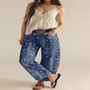 Close-up detail showcasing the unique paisley pattern and stitching of the casual denim pants.