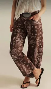 Women brown paisley print wide leg denim jeans casual mid rise straight trousers detail view