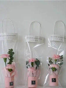 Transparent floral gift bag detail with pink carnations and sleek cylindrical pink box for gift.