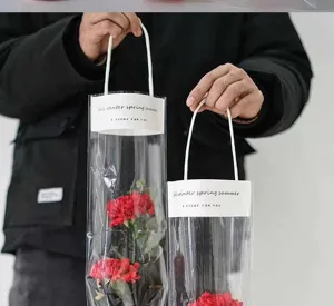 Clear transparent single flower packaging bag portable flower gift box with white handle