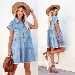 Women Denim Shirt Dress Short Sleeve Lapel Button Down Tiered Skirt Loose Washed Denim Midi Dress With Pockets Casual Streetwear