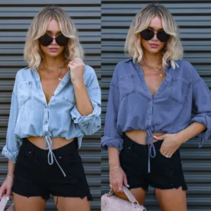 Women Casual Denim Shirt Long Sleeve Double Pocket Drawstring Blouse Loose Button Down Denim Jacket Top Urban Fashion