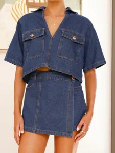 Conjunto de Top de Mezclilla de Manga Corta con Cuello en V para Mujer y Falda Pantalón Irregular Atuendo de Streetwear de Verano Casual
