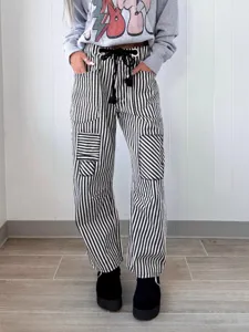 Women Casual Loose Striped Straight Leg Pants High Waist Drawstring Trousers Pockets Denim Cotton Blend Streetwear Bottom