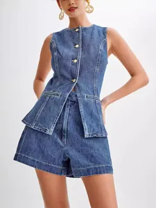 Women's Casual Denim Vest And High Waist Shorts Two Piece Set Summer Sleeveless Jean Top And Bottom Outfit