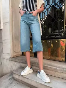Women Casual Loose Washed Denim Shorts Urban Summer Street Style Knee Length Straight Leg Jeans Cotton Denim Pants