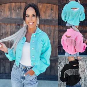 Women's Casual Distressed Denim Jacket With Rhinestone Tassel Fringe Loose Long Sleeve Washed Jean Coat Streetwear Outerwear