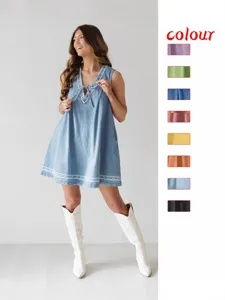 Women's V-Neck Sleeveless Embroidered Denim Dress 2025 Summer Street Style Cotton Polyester Mini Sundress With Pockets And Drawstring