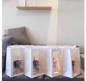 Transparant Venster Cadeauzakje Boeket Verpakking Bloem Draagtas Witte Papieren Zak
