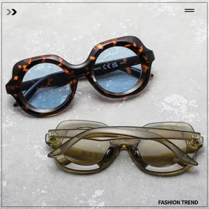 Close-up detail shot of stylish retro round frame sunglasses featuring gradient lenses.