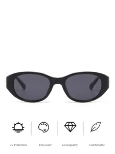 Vintage black oval sunglasses narrow frame cat eye design trendy sun protection eyewear detail.