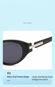 Retro narrow oval sunglasses for women, vintage metal hinge detail, chic UV protection eyewear.