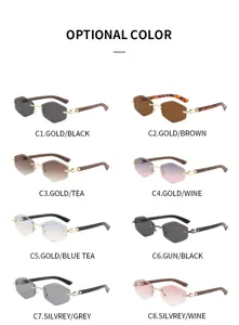 Retro polygon rahmenlose Sonnenbrille mit Holzbugeln und Metalldekor, trendige Brille.