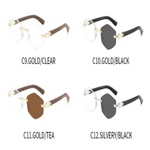 Retro Holzmaserung Metall rahmenlose Sonnenbrille für Damen und Herren streetwear.