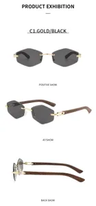 Vintage Holzmaserung Metall rahmenlose Sonnenbrille Damen Herren Sechseckige Sonnenbrille