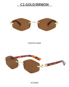 Rasenlose Polygon Sonnenbrille mit goldener Metallbrücke und Schildpatt-Bügeln für Streetwear.