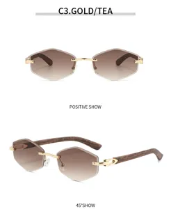 Retro Holzmaserung Metall randlose Sonnenbrille, braune Verlaufsgläser, Streetwear.