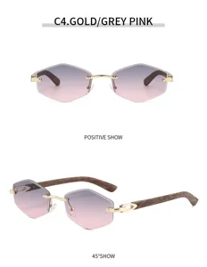 Stilvolle rahmenlose hexagonale Sonnenbrille mit goldenem Metallsteg und Holzoptik.