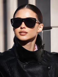 Detail view of stylish oversized aviator sunglasses with sleek black frames and dark lenses.