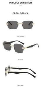 Quadratische rahmenlose Sonnenbrille für Damen und Herren, modische Metall-Retro-Brille.