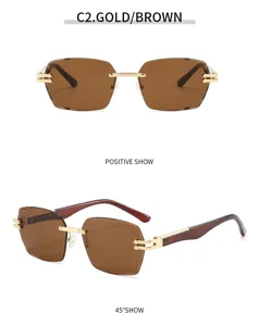 Luxus rahmenlose quadratische Sonnenbrille Damen Herren braune Gläser stilvolle goldene Bügel.