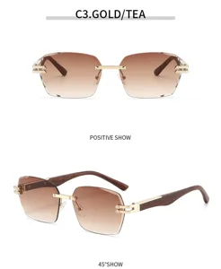 Bügellose quadratische Sonnenbrille für Damen, Luxus Metall und modische Holzmaserung Bügel.