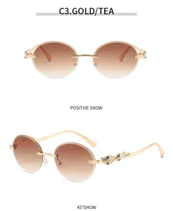 Detailansicht der Luxus Sonnenbrille mit ovalen Farbverlaufsgläservern und goldenem Metallrahmen.