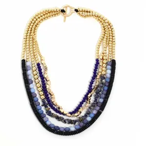 Collana vintage multistrato esagerata con pietre naturali blu e perle dorate da donna
