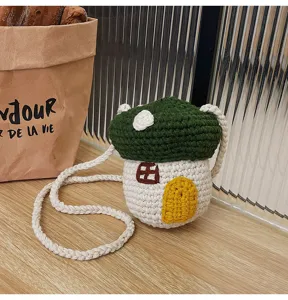 Handmade crochet mushroom house mini crossbody bag for women with green top and strap