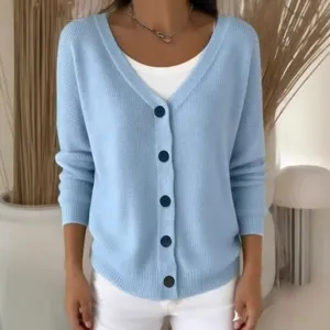 Chic women's light blue V-neck knit cardigan sweater featuring a classic dark button closure
