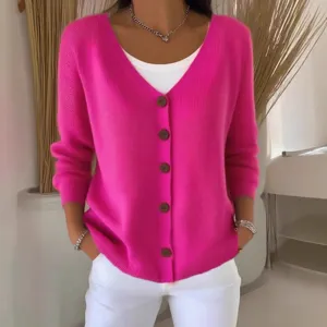 Women's fuchsia V-neck knitted cardigan with brown buttons, stylish casual fall sweater