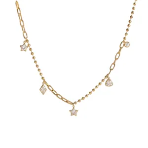 Elegante vergulde roestvrijstalen ketting met ster- en geometrische bedels van zirkonia