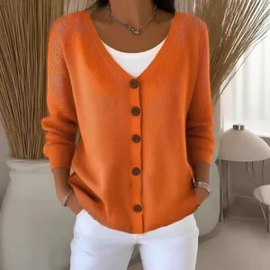 Stylish vibrant orange V-neck knitted cardigan jacket for women with classic button closure