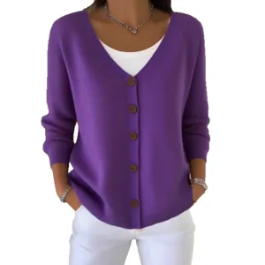 Casual purple knit cardigan sweater for women with V-neck buttons