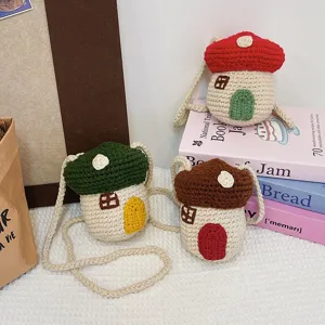 Handmade cute mushroom crochet mini crossbody bag for women in red green and brown