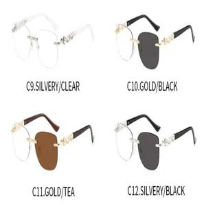 Damen rahmenlose Sonnenbrille mit Perlenbügeln und modischem Metallgestell in vier Farbvarianten.