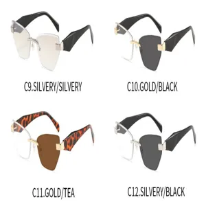 Unregelmäßige rahmenlose Katzenaugen-Sonnenbrille Detail, stilvoller Metallrahmen für Damen.