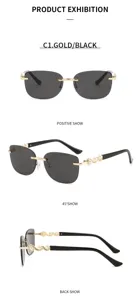 Detailansicht luxuriöser rimloser Sonnenbrille für Damen mit eleganten perlenbesetzten Bügeln.