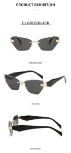 Nahaufnahme der rahmenlosen Sonnenbrille mit Katzenaugen-Design, Golddetails und schwarzen Bügeln.