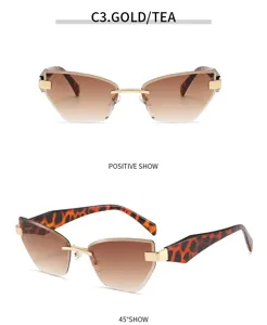 Unregelmäßige rahmenlose Sonnenbrille mit braunen Gläsern und goldenem Gestell.