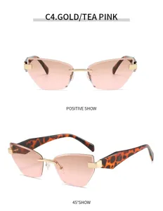 Detailansicht der rimlosen Sonnenbrille mit rosa Farbverlauf und Leopardenmustern.