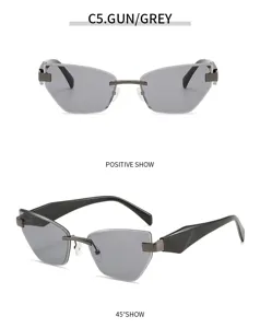 Elegante rahmenlose Katzenaugen-Sonnenbrille mit grauen Gläsern für Damen im Alltag.