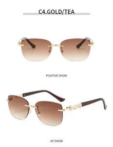 Luxus rahmenlose Sonnenbrille für Damen mit braunen Verlaufsgläsern und Perlenbügeln.