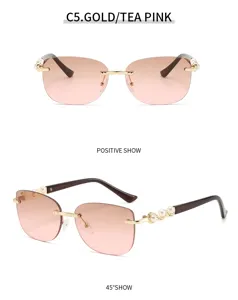 Randlose Sonnenbrille Detailansicht mit Farbverlauf in Rosa und eleganten Perlenbügeln.
