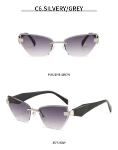 Detailansicht modischer rahmenloser Katzenaugen-Sonnenbrille für Damen mit Farbverlauf.