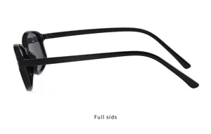 Detaillierte Seitenansicht der schmalen Retro-Sonnenbrille mit schwarzem Rahmen.