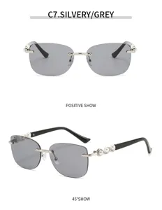 Damen rahmenlose Sonnenbrille mit Perlen Bügeln und grauen Gläsern für stilvollen Sonnenschutz.